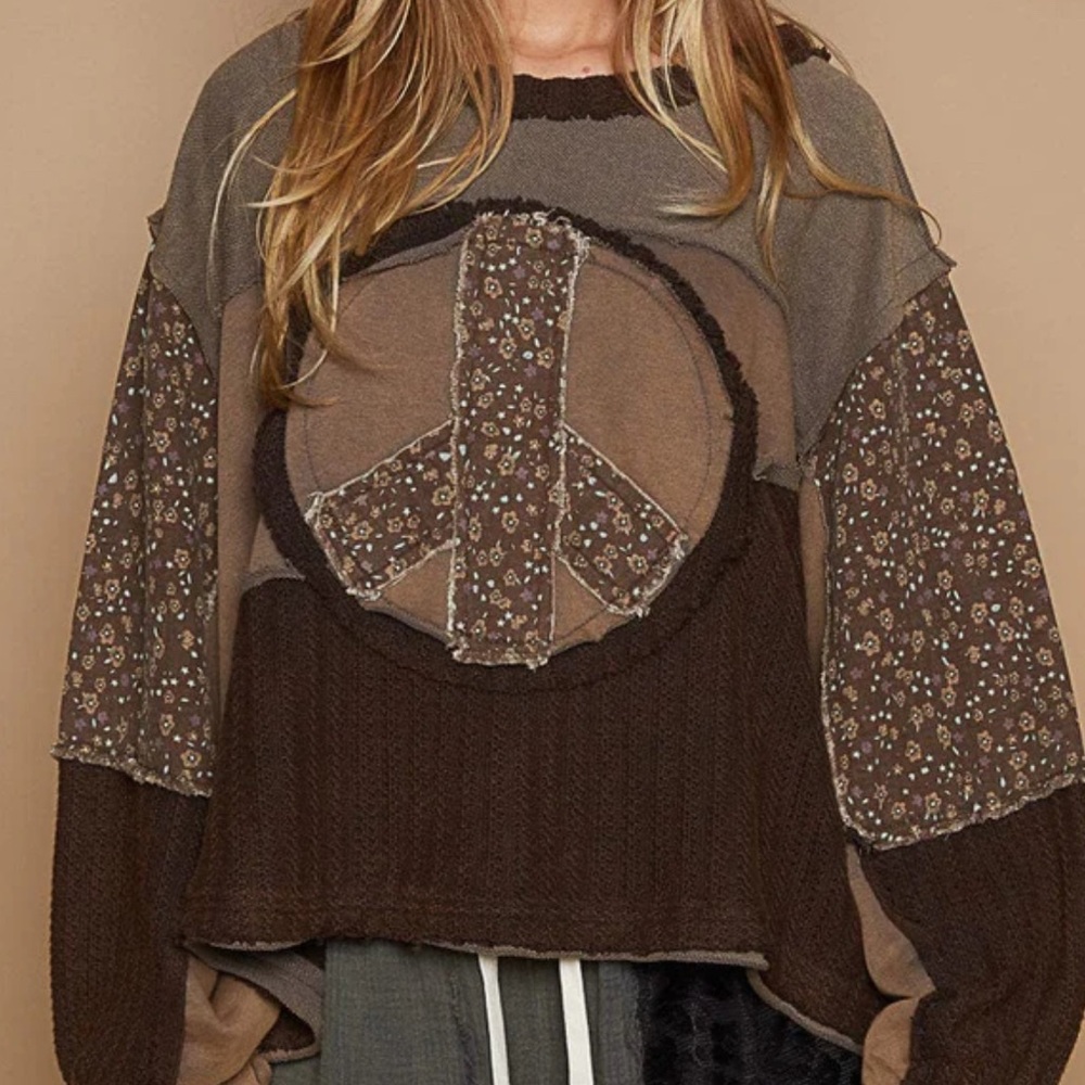 POL Brown Patchwork Peace Sign Top